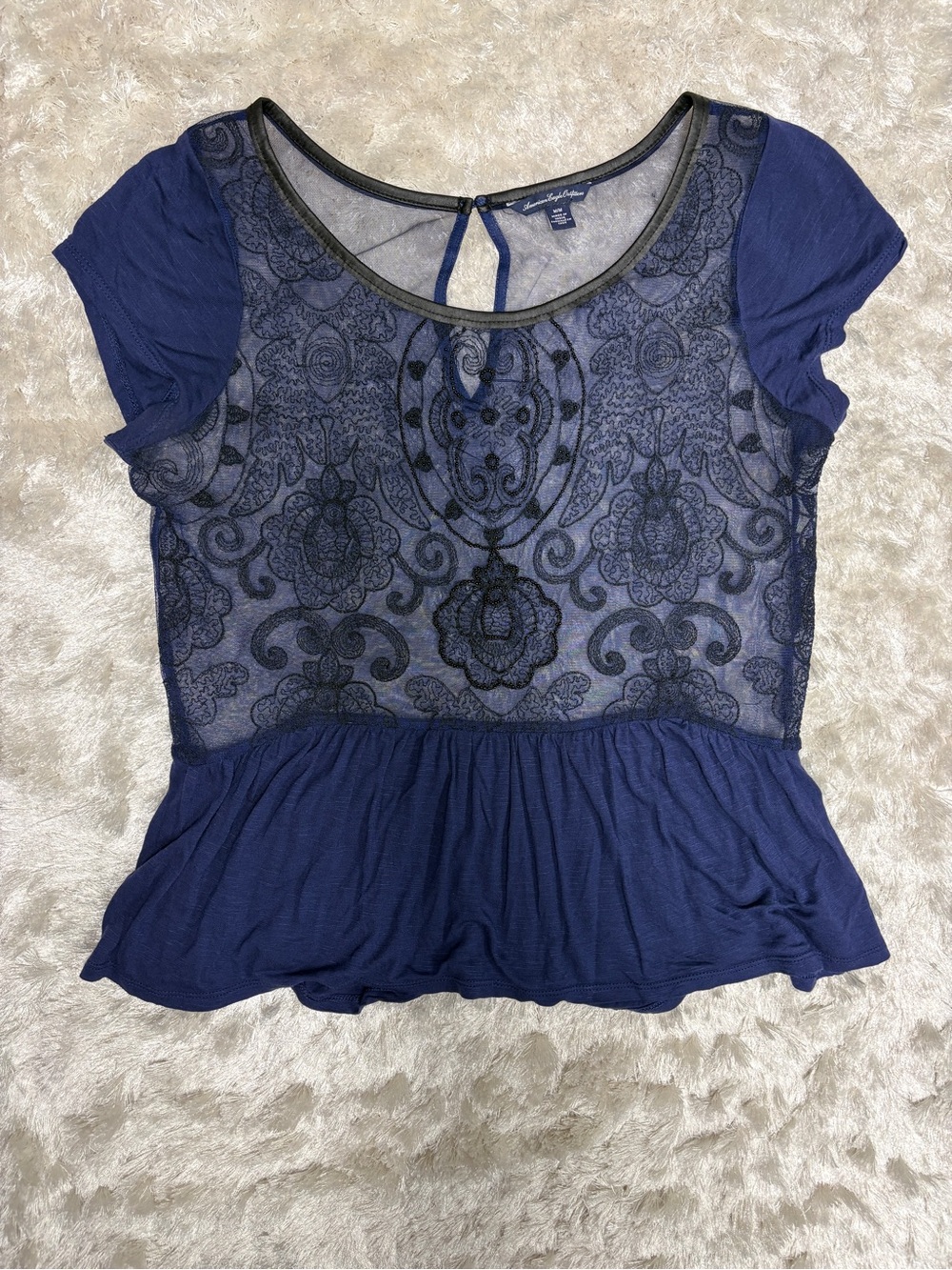 American Eagle Outfitters Navy Blue Lace Peplum Top